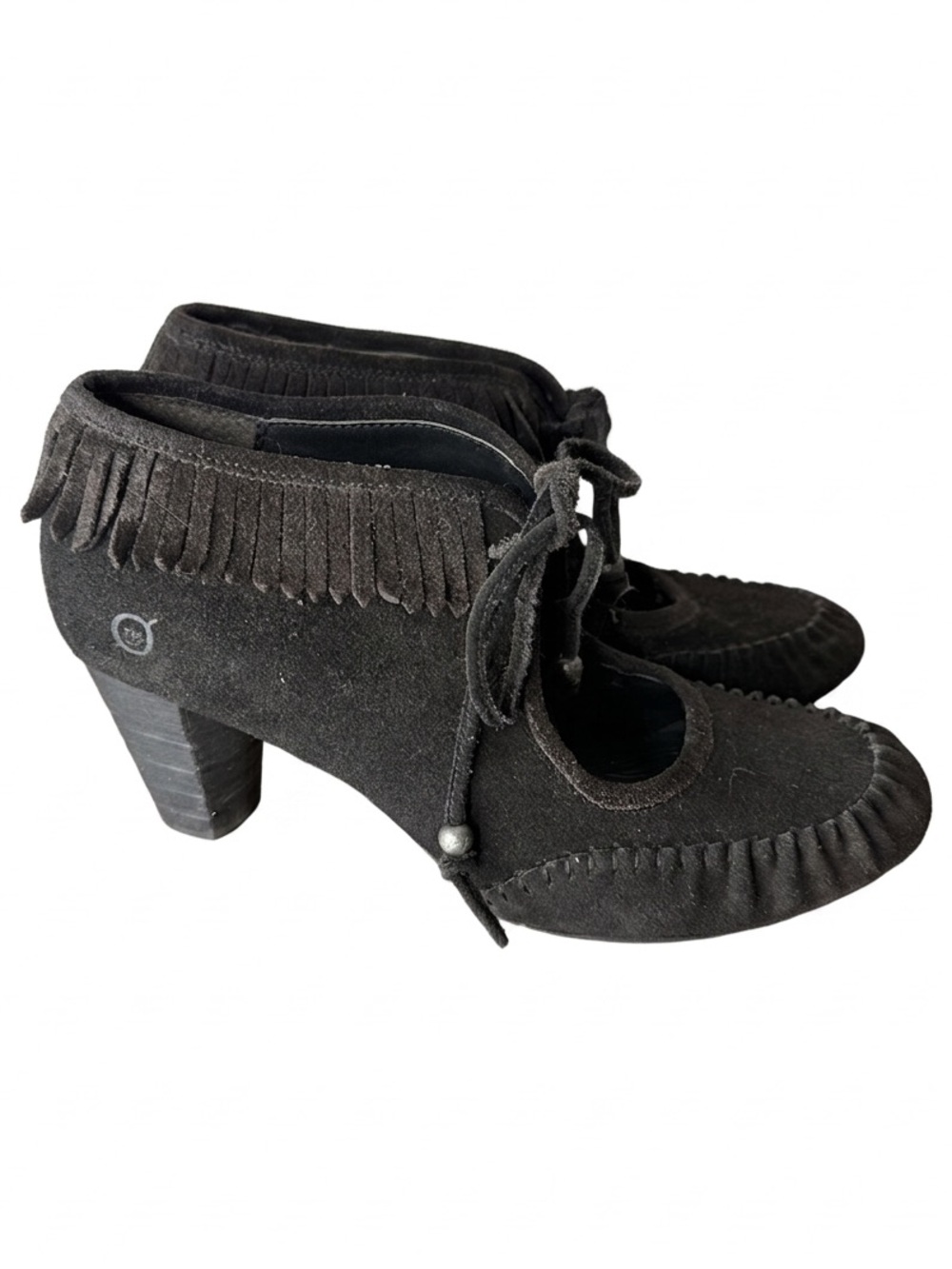 BORN Dark Brown Suede Leather Mary Jane Pumps Shoeties Moccasin Fringe Tie Sz 8